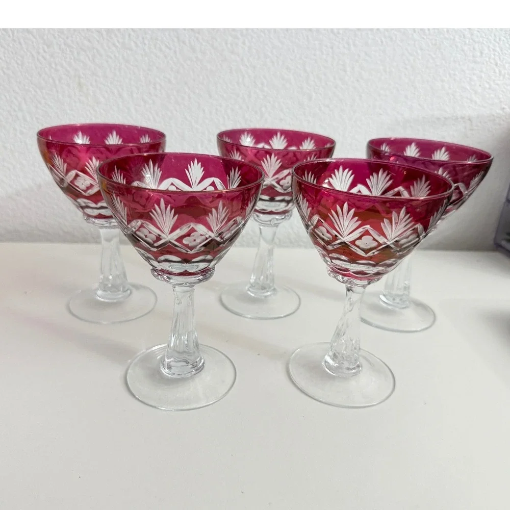 Vintage Cranberry Cut to Clear Crystal Cordial Glasses Set of 5 Ruby Red Floral